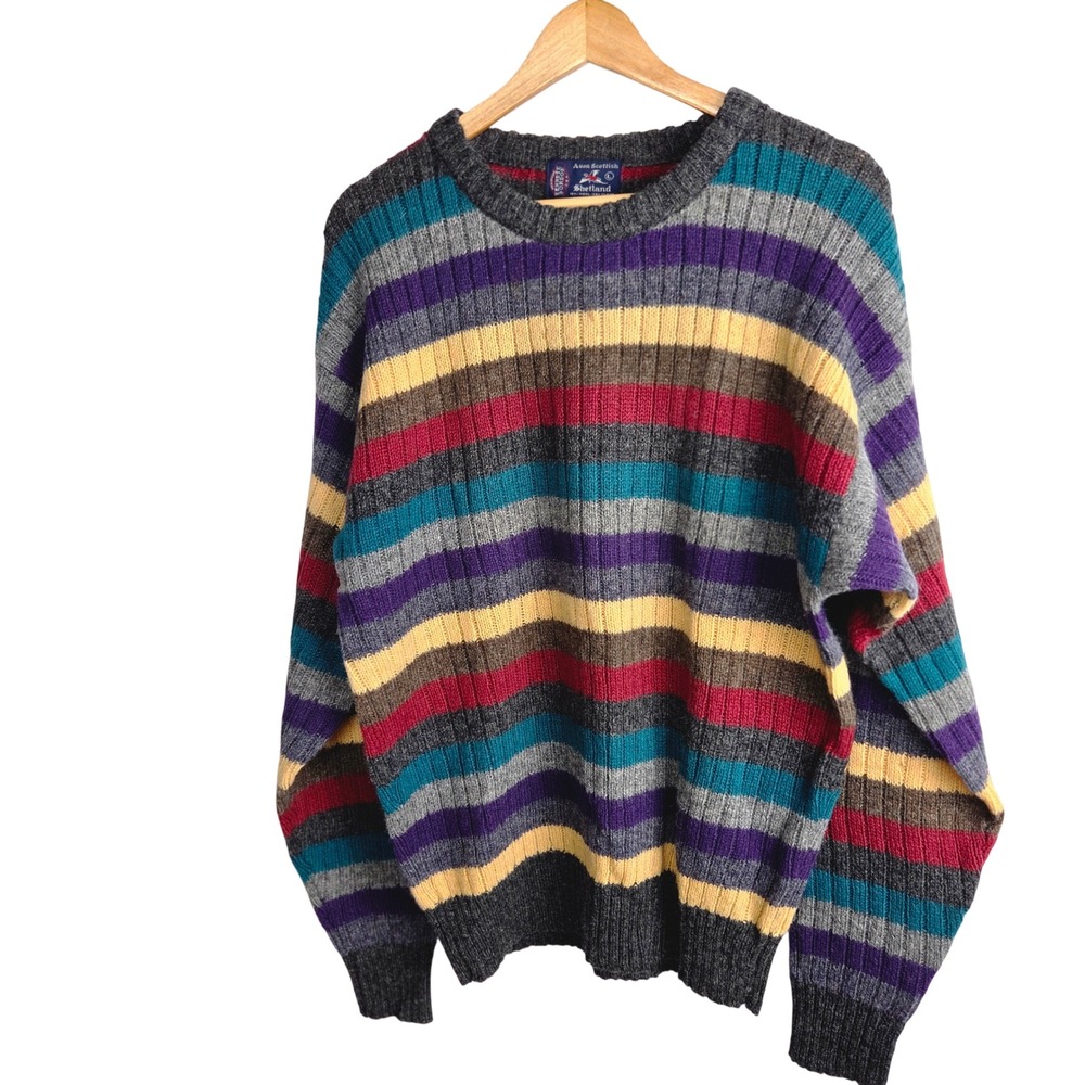Kenneth Gordon Sweater Large Multi Color Striped Avon Scottish Shetland Wool EUC